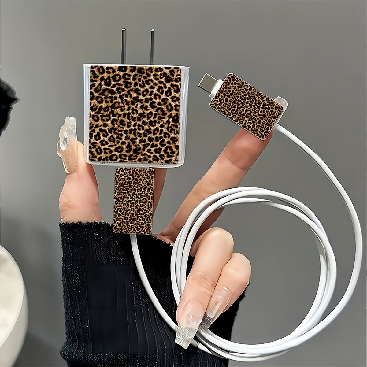 TEMU Leopard Print 3-piece Set For 18w/20w Charger Protective Cover With Cable And Connector Protectors, Transparent Tpu Material, Gift-compatible With 13/14/15