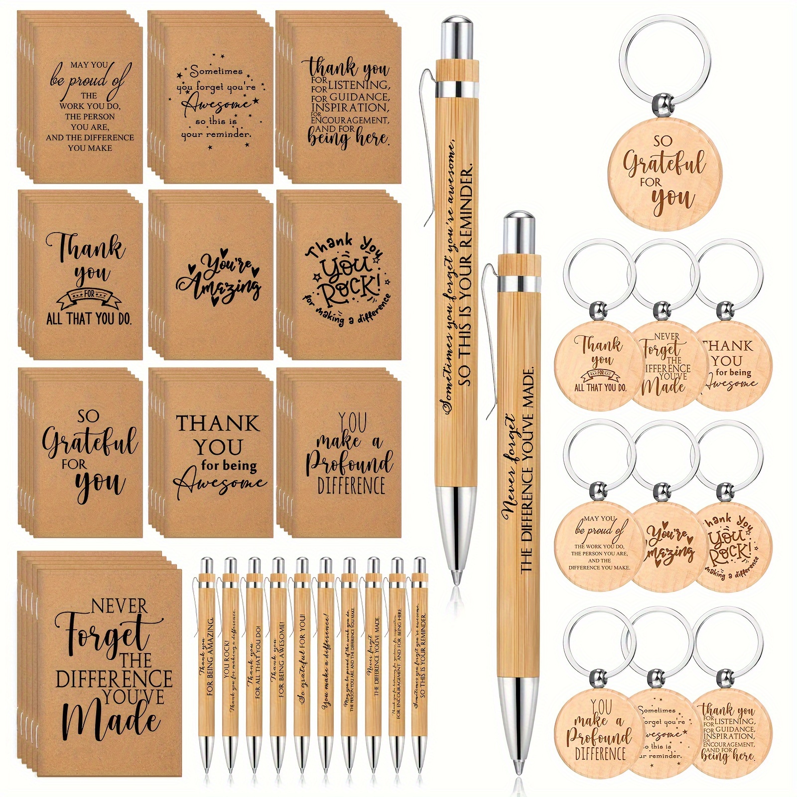 

50 Sets Thank You Gift Retractable Bamboo Pens And Pocket Notebooks With Inspirational Keychains, Employee Appreciation Gifts For Teacher Office Coworker ()