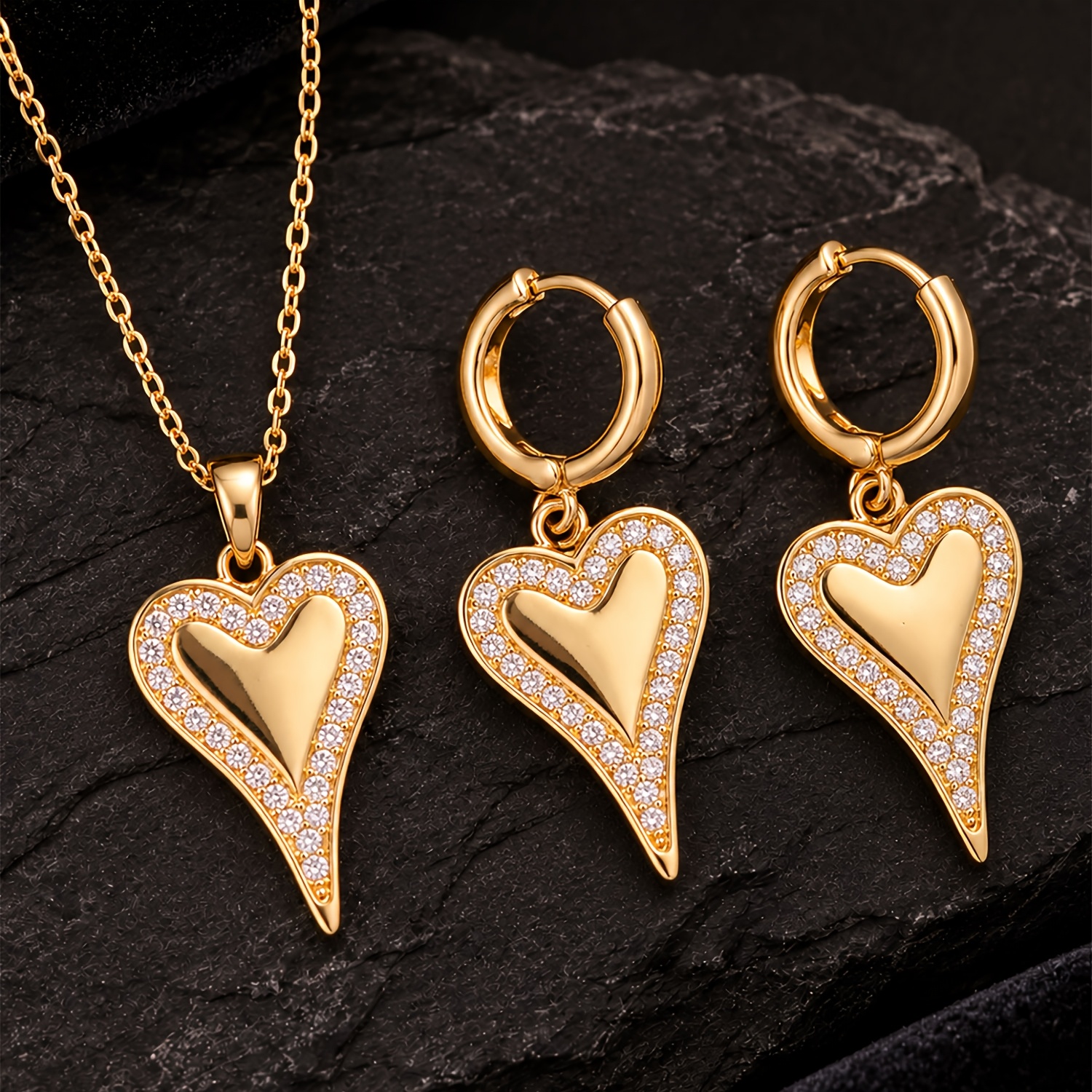 TEMU 2-delige set modieuze licht luxe unieke waterdruppel hart oorbellen hanger ketting set, cubic zirkonia ingelegde retro hartvormige sieraden set,