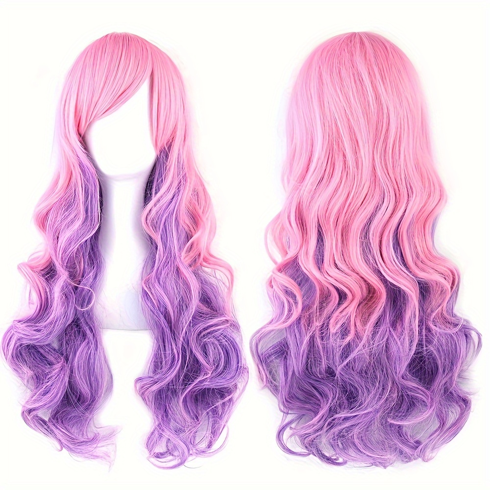 

Xyixyue Heat-resistant Long Ombre Wig With Slant Bangs - Pink To Purple , Adjustable Net-cap For - Ideal For Daily Use, Holiday Parties & Halloween