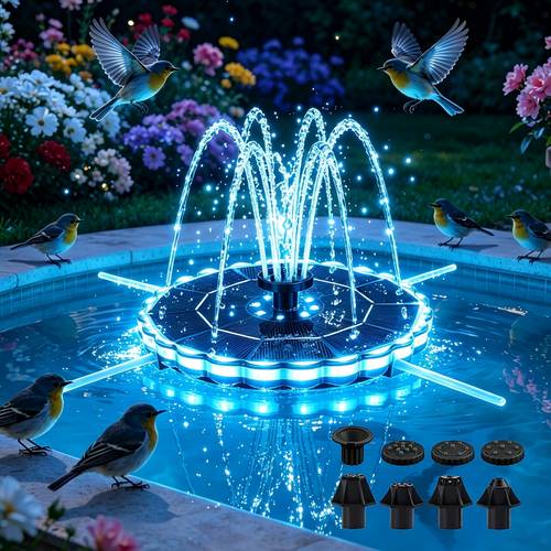 solar fountain pump featuring 7 different spray designs with rgb color submersible floating fountain suitable for bird baths garden pools and outdoor decoration