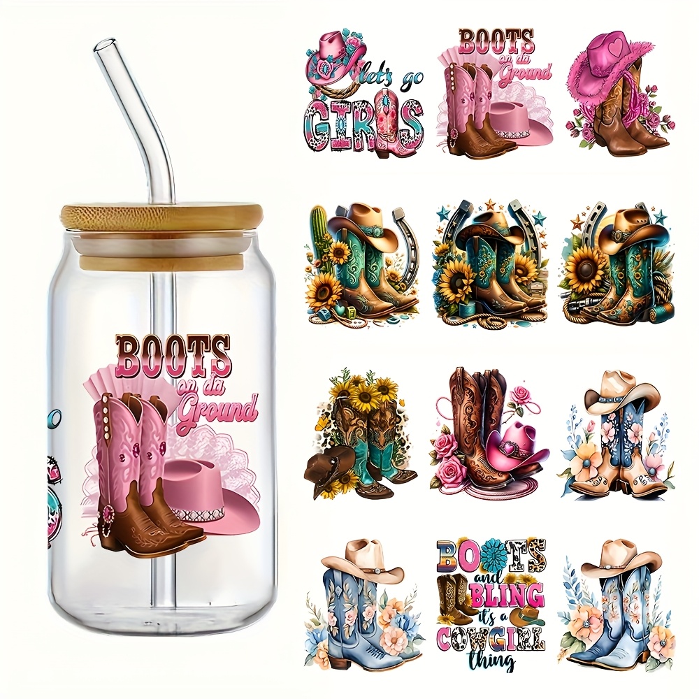 TEMU 4pcs/ Set Boot Themed Uv Dtf Cup Packaging Transfer Printing Waterproof Self-adhesive Paper Suitable For Mug Water Bottle Cup, Dtf Transfer