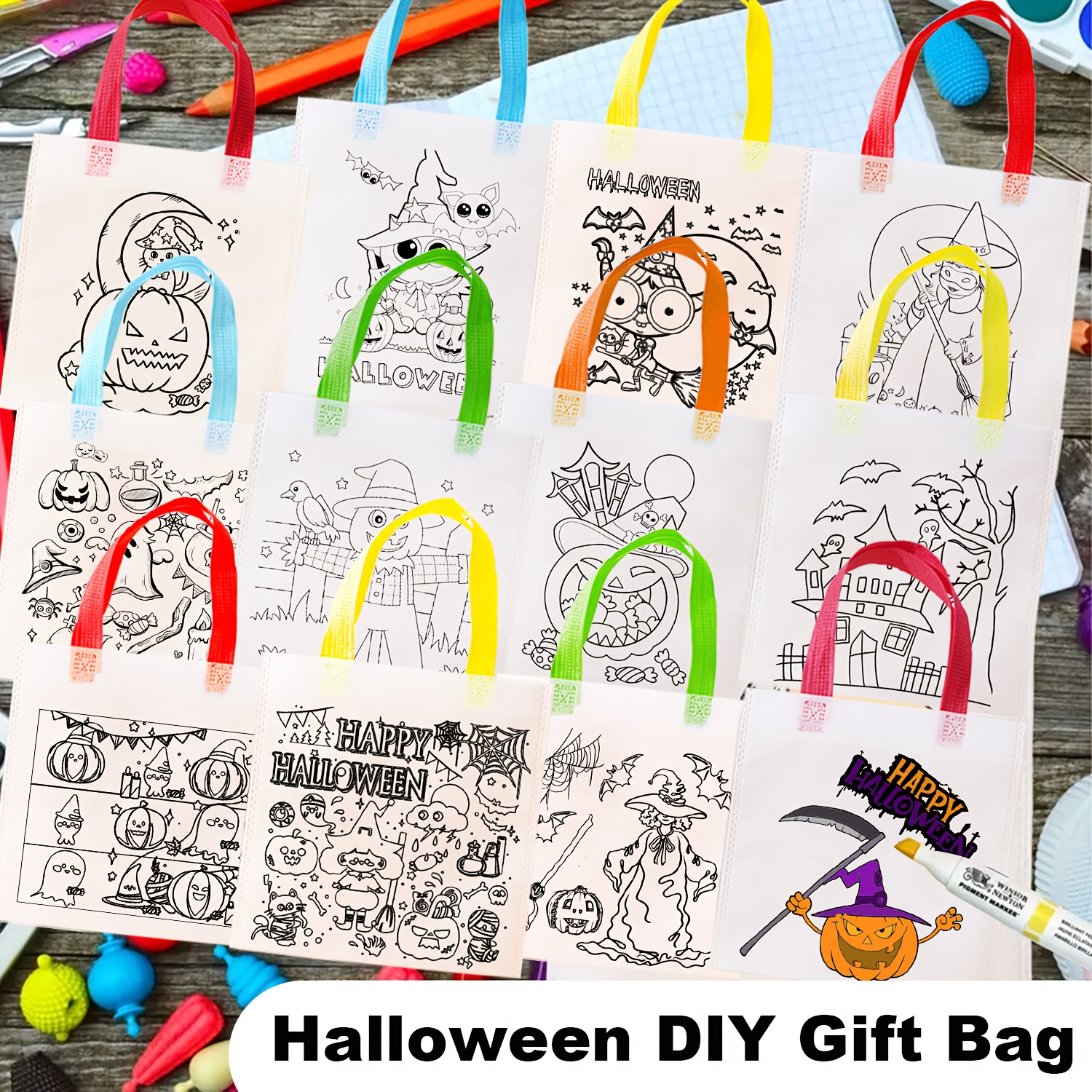 Image of Gift For Her/him A Set Of 12 Halloween-themed Coloring Tote Bags Featuring Fun Designs Like Pumpkins And Witches, Perfect For Hand Painting And Coloring. Serve As Party Gift Bags And Holiday Gift Bags