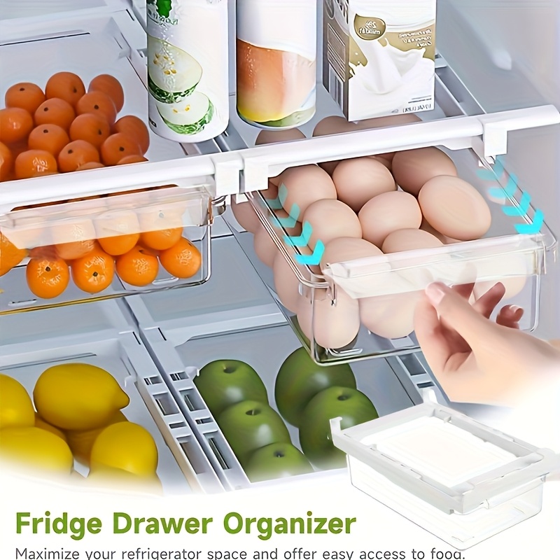 adjustable refrigerator drawer organizer - heavy-duty transparent pull-out storage bin, space-saving under-shelf design, fits shelves under 1.52 cm,   for fridge, freezer, kitchen - organizer for fruits, vegetables, eggs, seafood - food-safe plastic construction 0