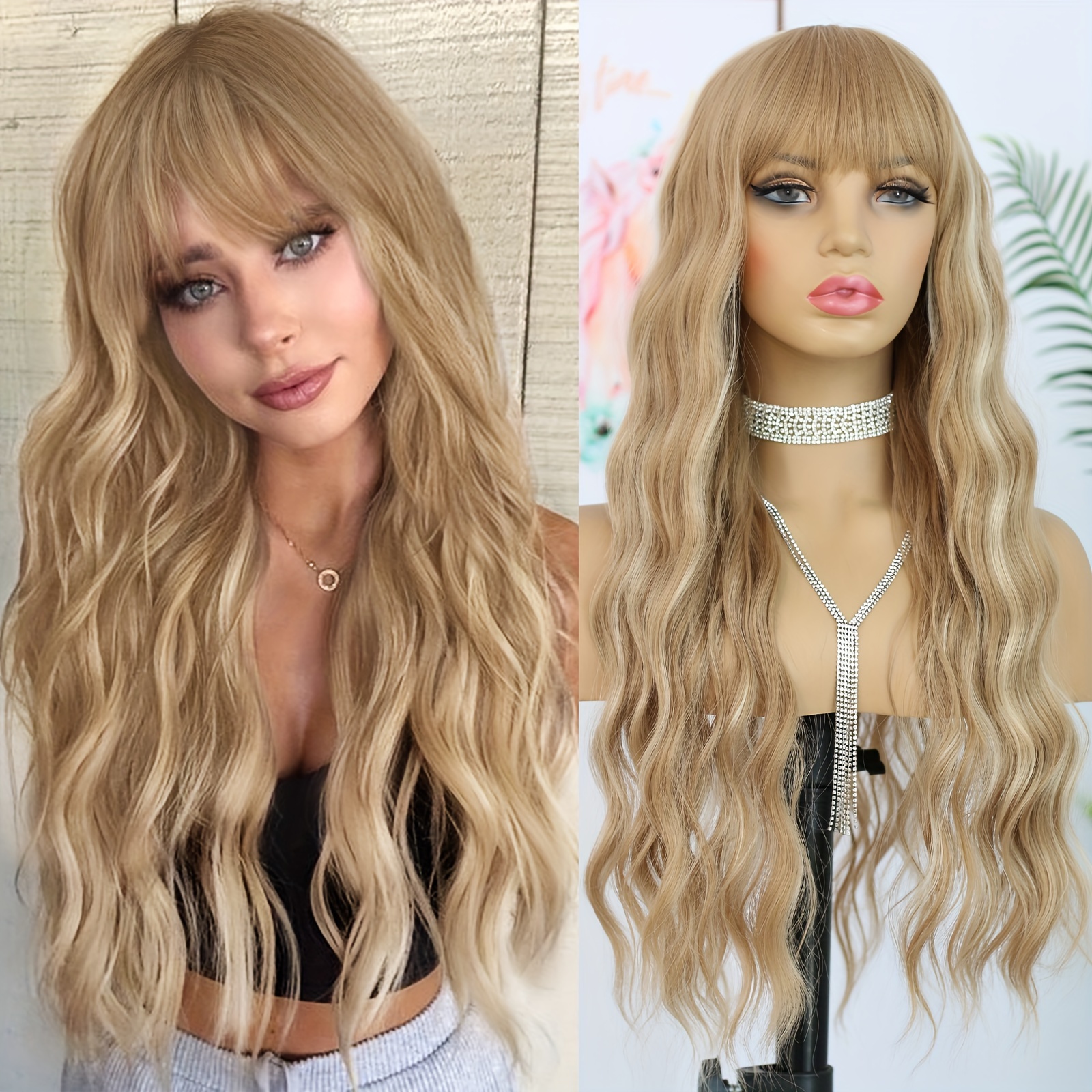 heat resistant synthetic blonde brown balayage wig bangs Temu