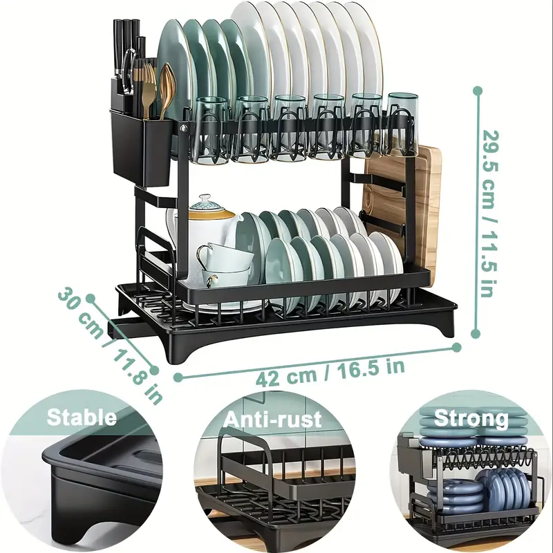 2 tier carbon steel dish rack with utensil holder cup hooks space saving double layer design for kitchen counter organization black white no electricity required dish drying rack sleek black durable kitchen rack dish drying rack Product details 1