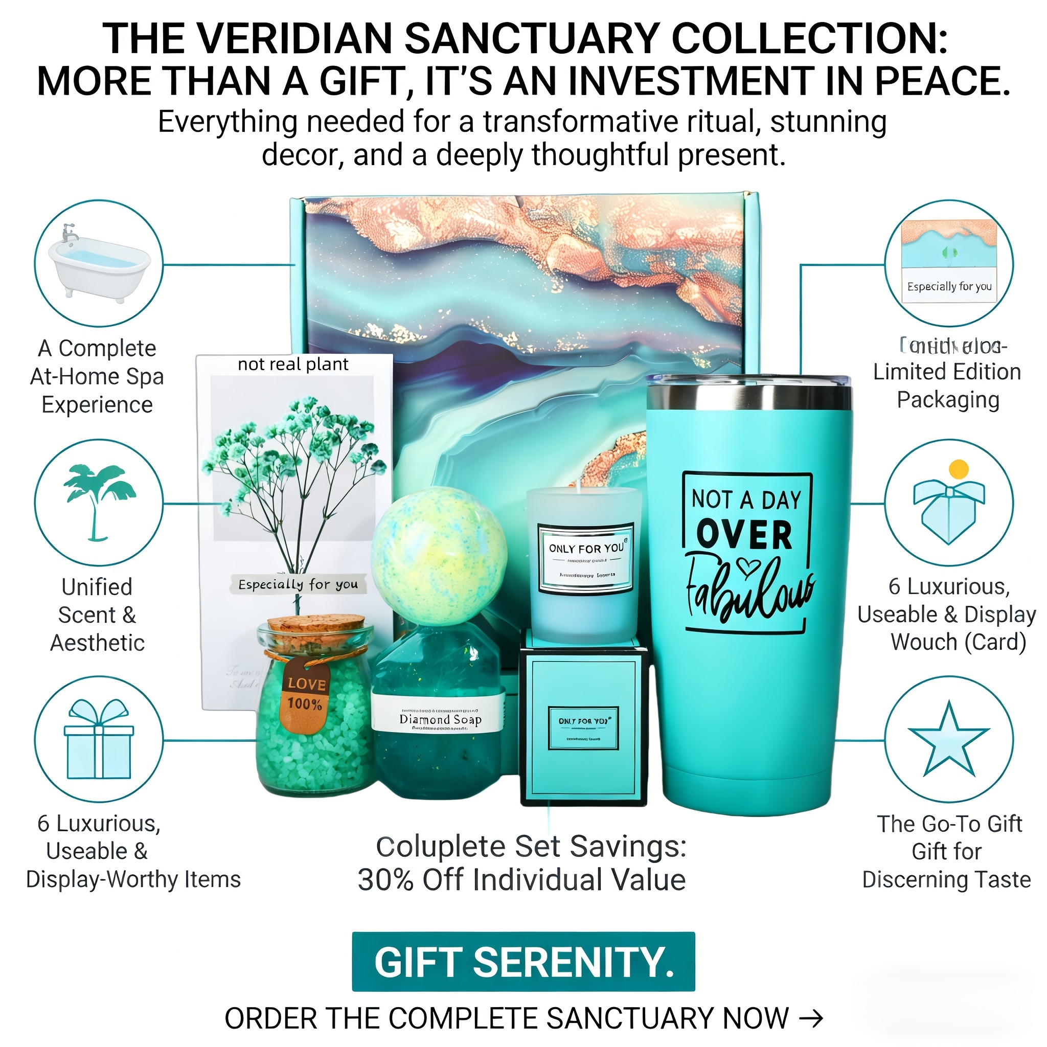 Elegant Teal Spa Gift Set - Bath Gift Set for Women, Includes Bath Bombs, Bath Salts, Insulated Mug, Scented Candle, Postcard, Soap. Perfect Gift for Birthdays, Valentine's Day, Thanksgiving, Christmas, New Year's, Anniversaries, and Easter Baskets