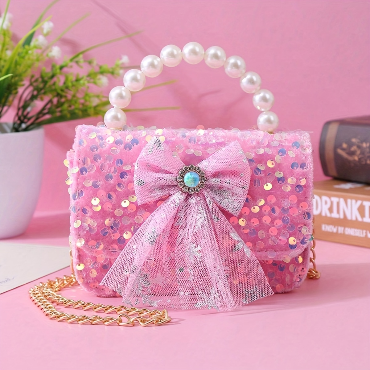 Image of Cute Mesh Bow Pearl Handbag With Rhinestone Sequin Material, Fashion Chain Crossbody Coin Purse, Holiday Gift, For Teenager