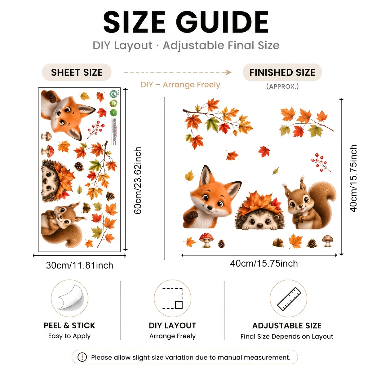 TEMU 1pc 30x60cm Autumn Forest Animal Window Clings Fox Hedgehog Squirrel Maple Leaf Mushroom Pine Cone Self Adhesive Vinyl Decals For Glass Window