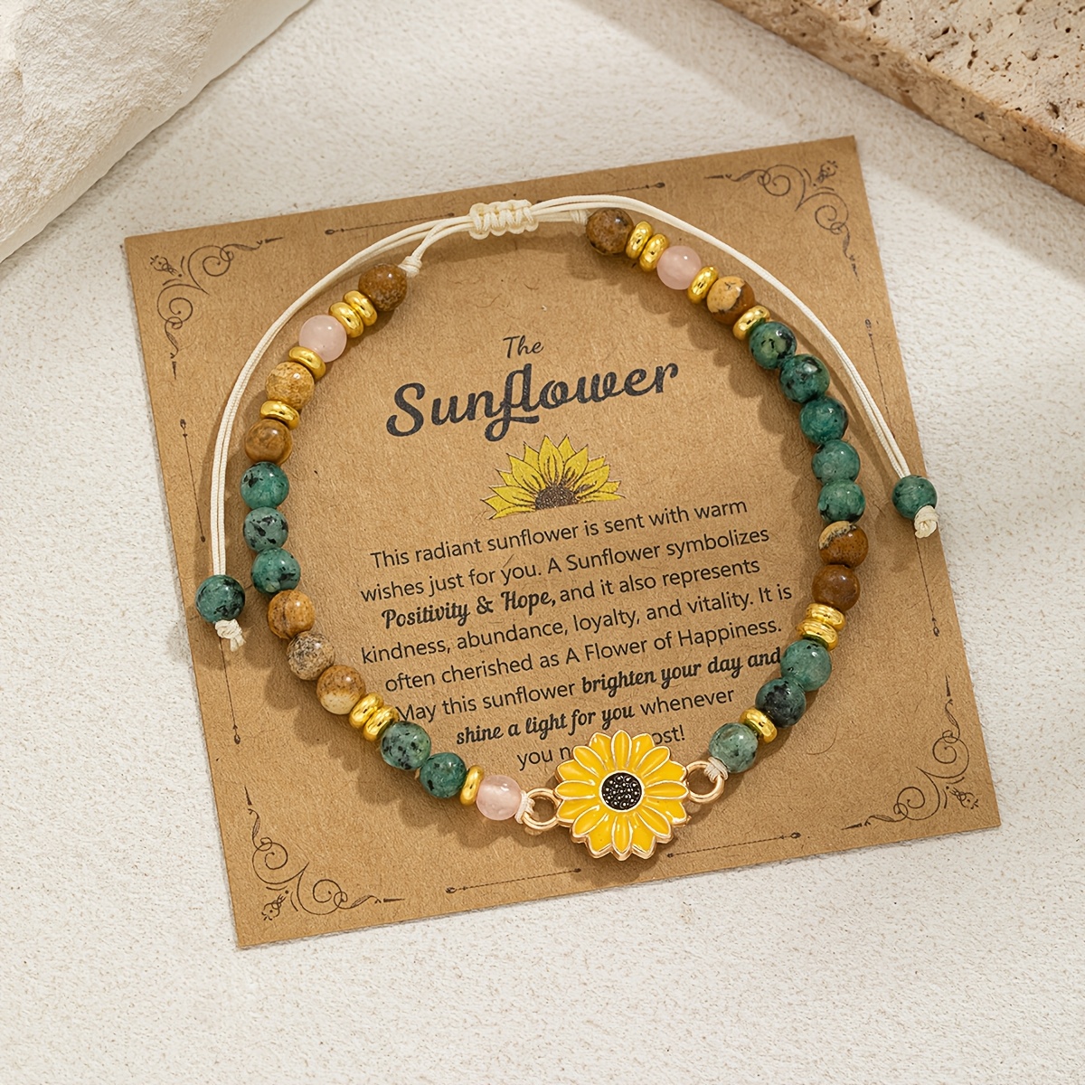 TEMU A Stylish And Minimalist Sunflower Natural Stone Bead Woven Bracelet With A Friendship Card, Gifting On Holidays And Birthdays