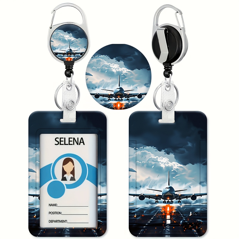 TEMU Minimalist And Stylish Black Airplane Landing Printed Pattern Id Holder - Suitable For Bus And Campus Cards - With Retractable Id - Badge Holder