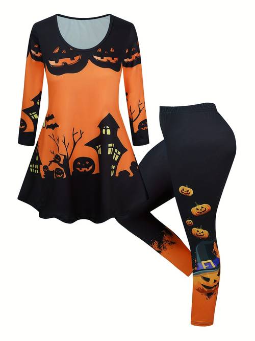 halloween castle ghost bat printed long sleeve t shirt and tight pants set