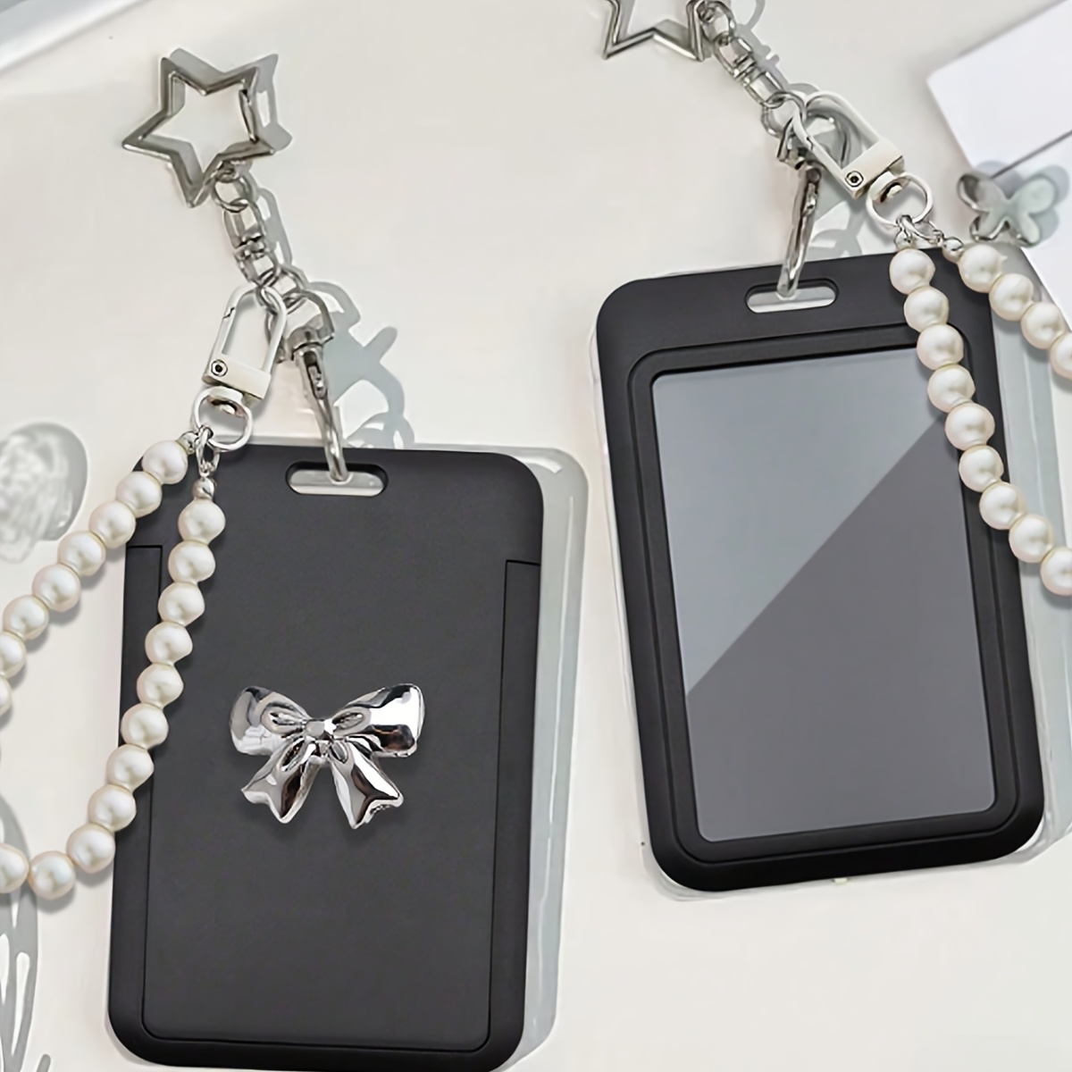 Image of Ladies' Black Card Holder, Card Rope Key Chain, Pattern, Pearl Lanyard Id Card Holder, Ladies' Y2k Style Id Card With Lanyard, Bow Style Id Card Holder, Suitable For Travel, Work, School