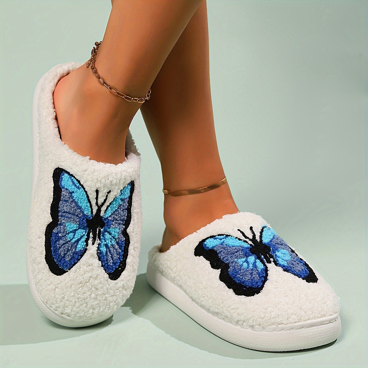 

Butterfly Print Home Warm Slippers, Soft Sole Platform Slip On Soft Sole Plush Lined Mute Shoes, Indoor Non-slip Backless Shoes