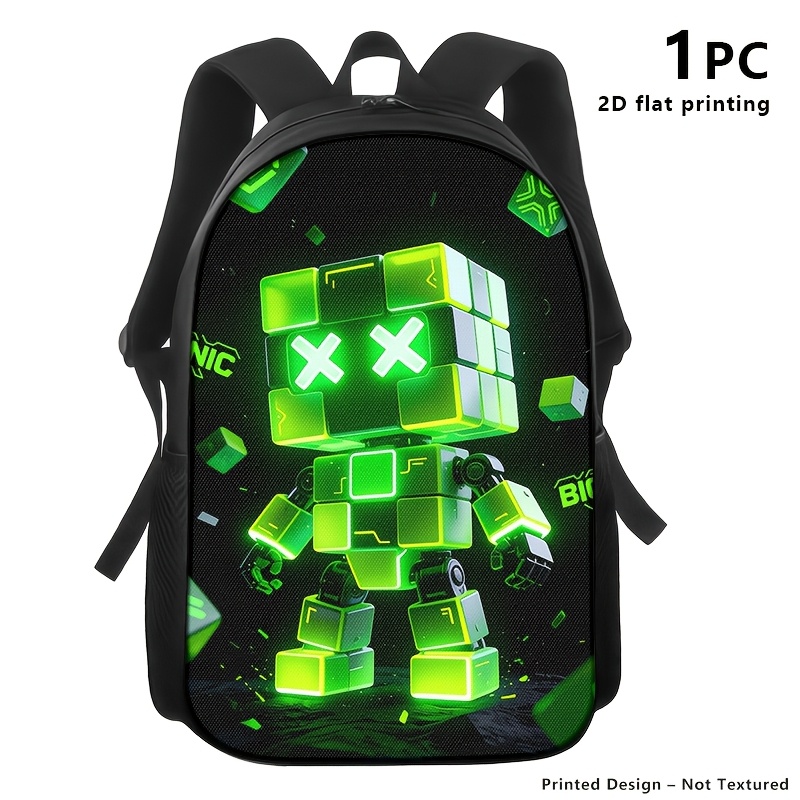 TEMU 1pc/2pcs/3pcs Backpack Storage Bag Shoulder Bag, 2d Printed Neon-green Robot Motif; Futuristic Gaming Look For And Trendters; For, Travel And