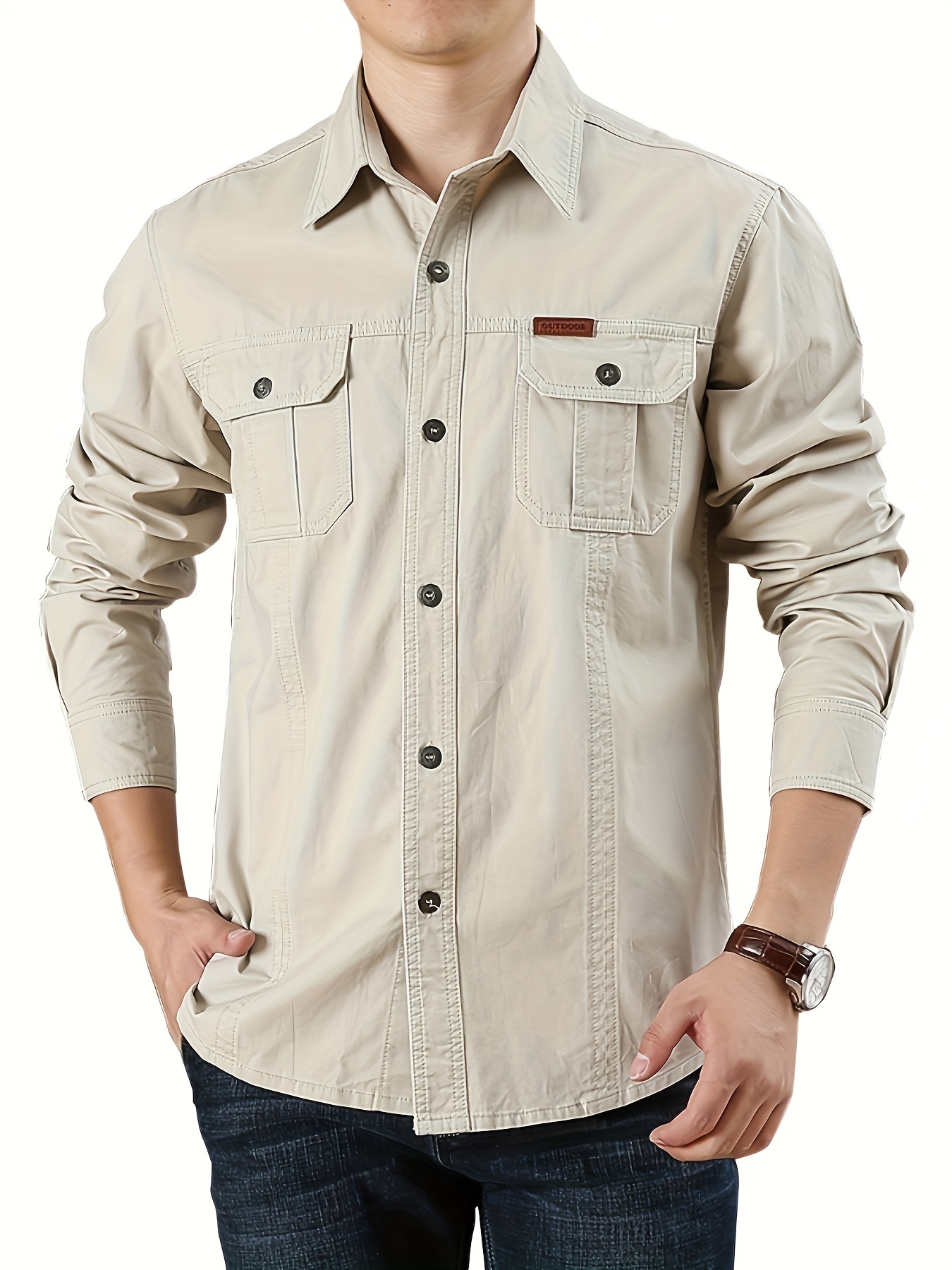 solid loose mens outdoor long sleeve button up cotton comfy shirt with flap pockets for spring fall
