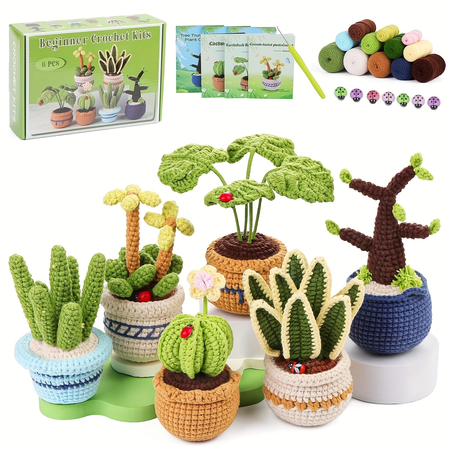 

6pcs Succulent Crochet Kit With Video Tutorials - Diy Knitting Set For Adults, Includes Yarn & Accessories, Assorted Colors