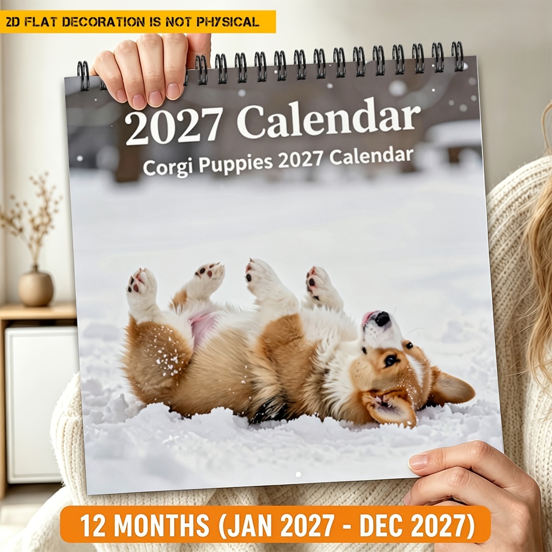 TEMU 1pc Fengminy Wall Calendar With Corgi Puppy Snow Days Design - Realistic Suitable For Short-legged Dog Lovers, To December 2027 Desk Calendar,