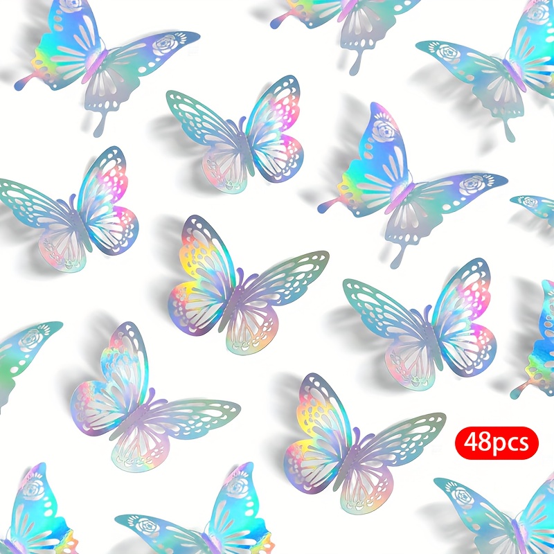48pcs Laser Wall Decorations, 2 Styles 3 Sizes Removable Butterflies For Party Decoration, 3d Paper Stickers Decorations For Birthday, Room, Home Decor