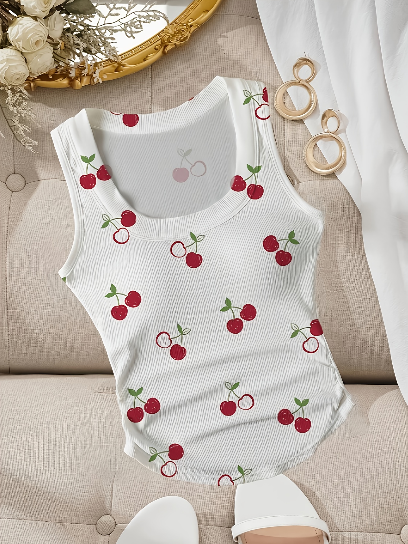 Lurhonp Women's Cherry Print Sleeveless Crop Tank Top - Round Neck, Polyester/Spandex, Casual Summer Top - View #6