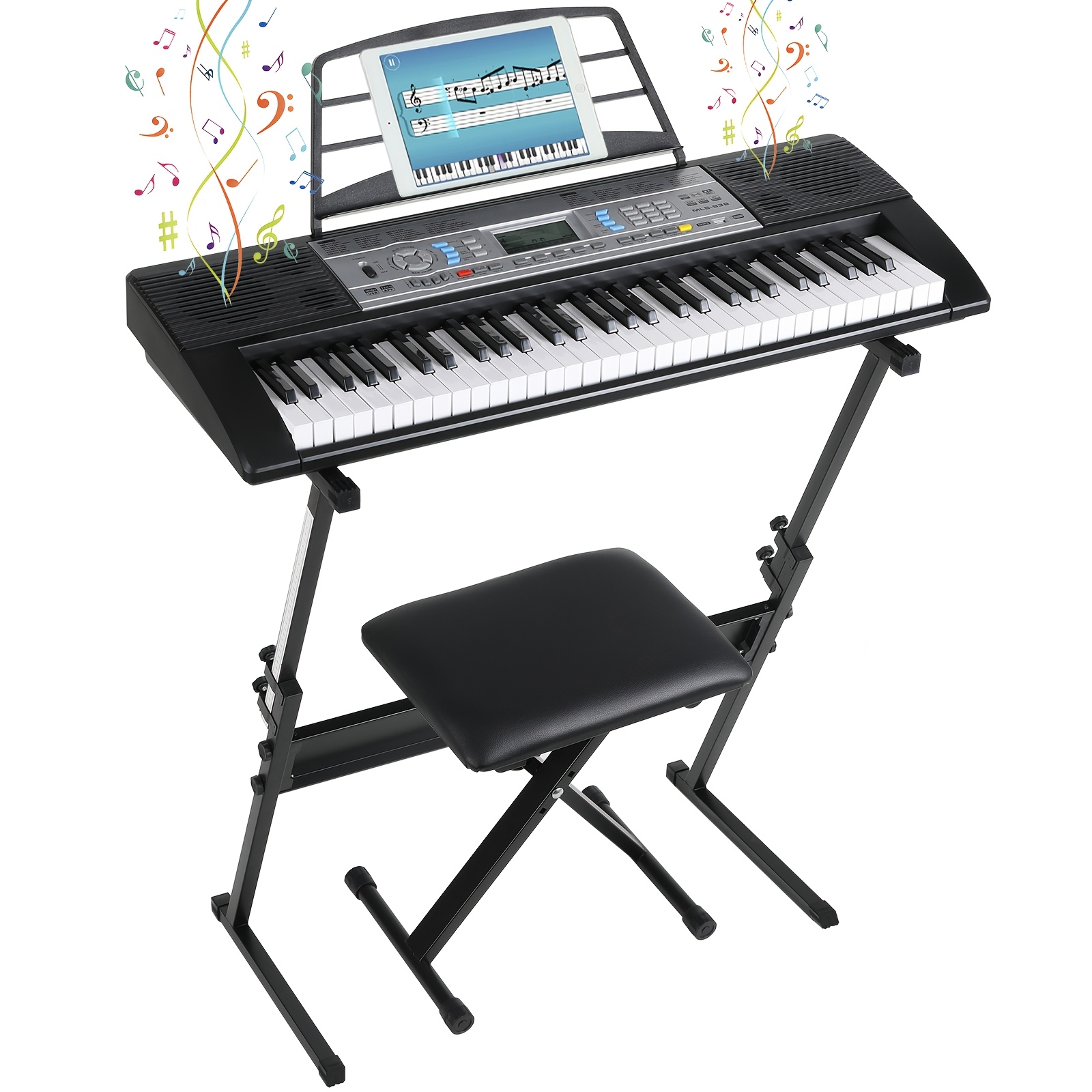 61-key Electronic Keyboard Designed For Beginners, Featuring Piano With 500 Tones And -level Teaching Mode. It With A Piano Stand, Stool, Lcd Display, Music Stand