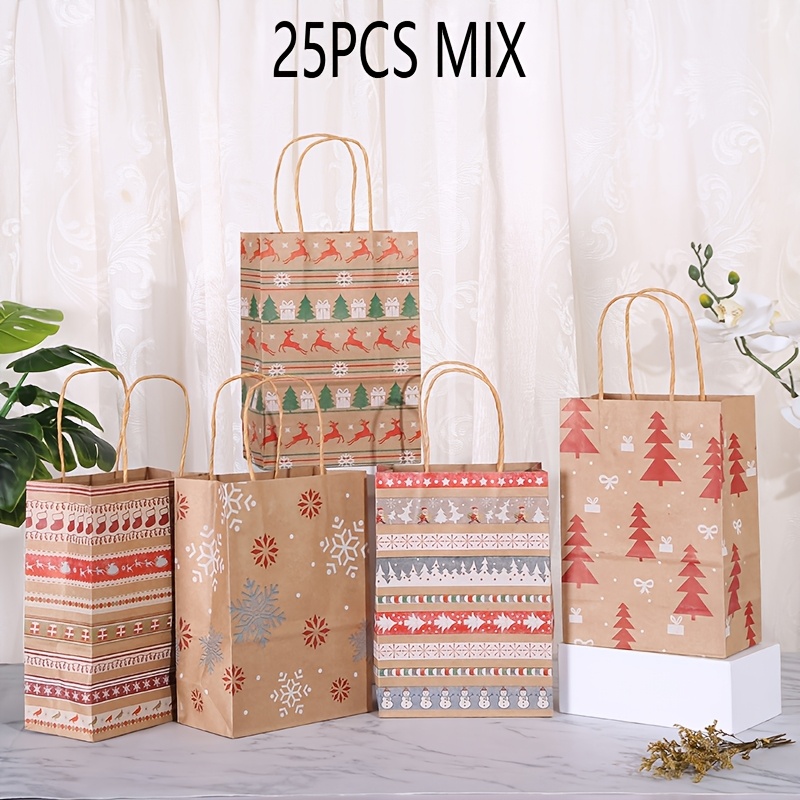 TEMU 25-delige kerstcadeauzakjes, kraftpapieren feestelijke cadeauzakjes met glitters en kerstmanontwerpen, multifunctionele kerst- en bedankzakjes