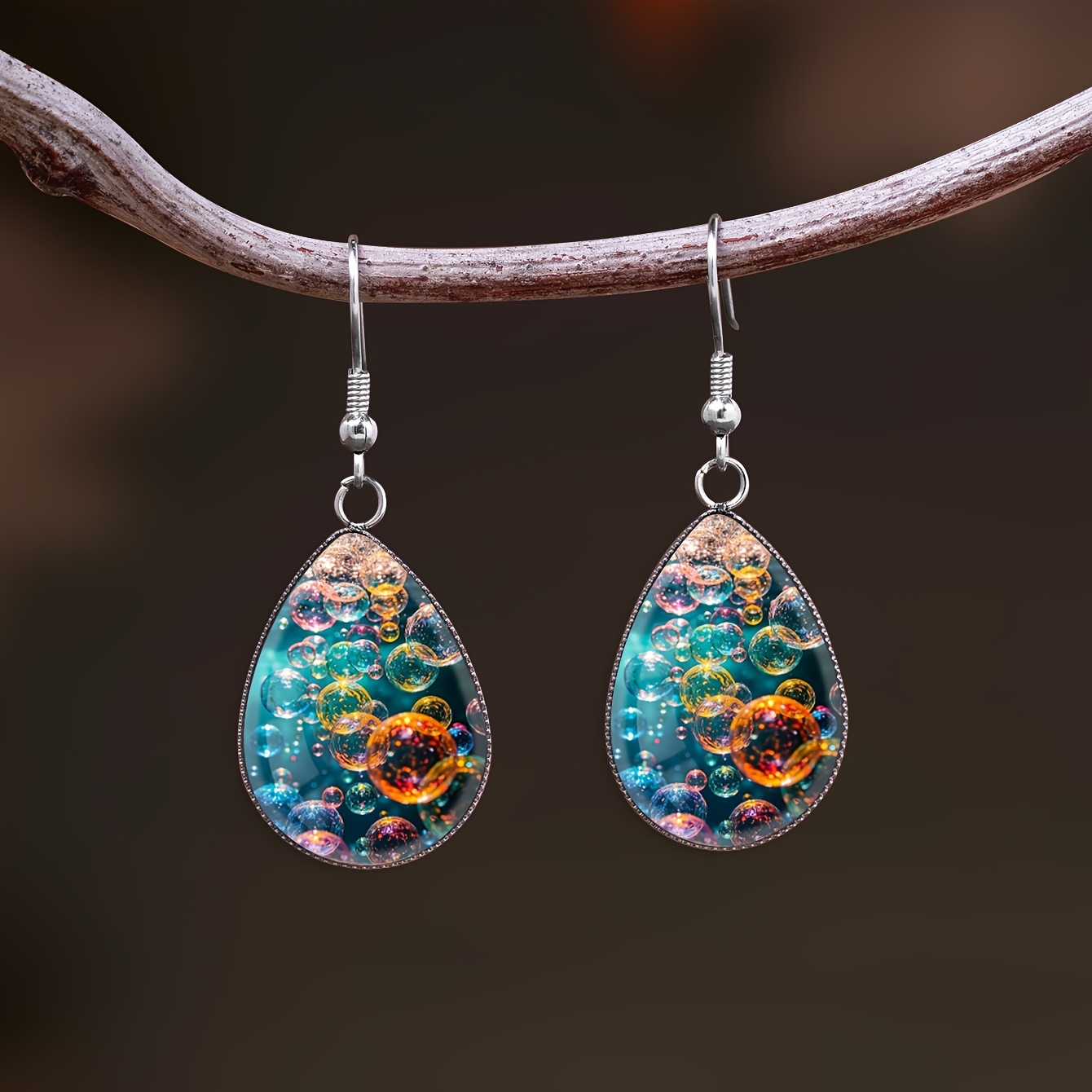 Iridescent Bubble-time Gemstone Pattern Teardrop Earrings, Stainless Steel