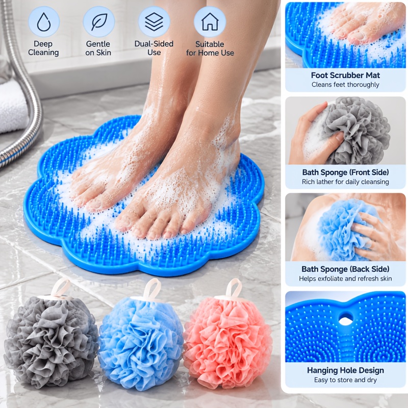 5pcs Bathroom Massage Mats with Scrub Gloves and Hooks