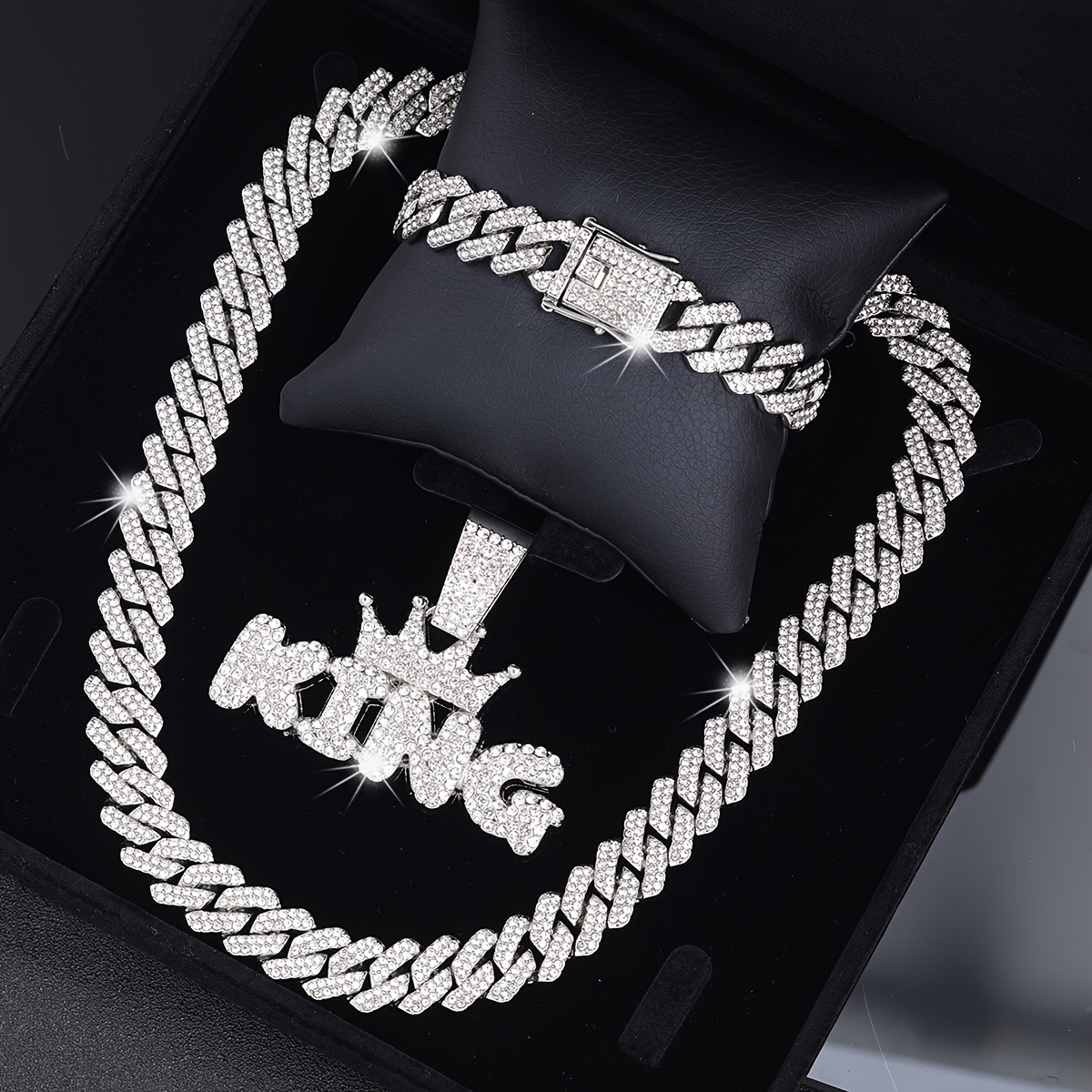 E-shop 3-teiliges/Set Miami Kubanische Verkettung Halskette/Armband/Anhänger, King'S Schmuck, Hip Hop Fashion Buchstaben Anhänger Halskette,