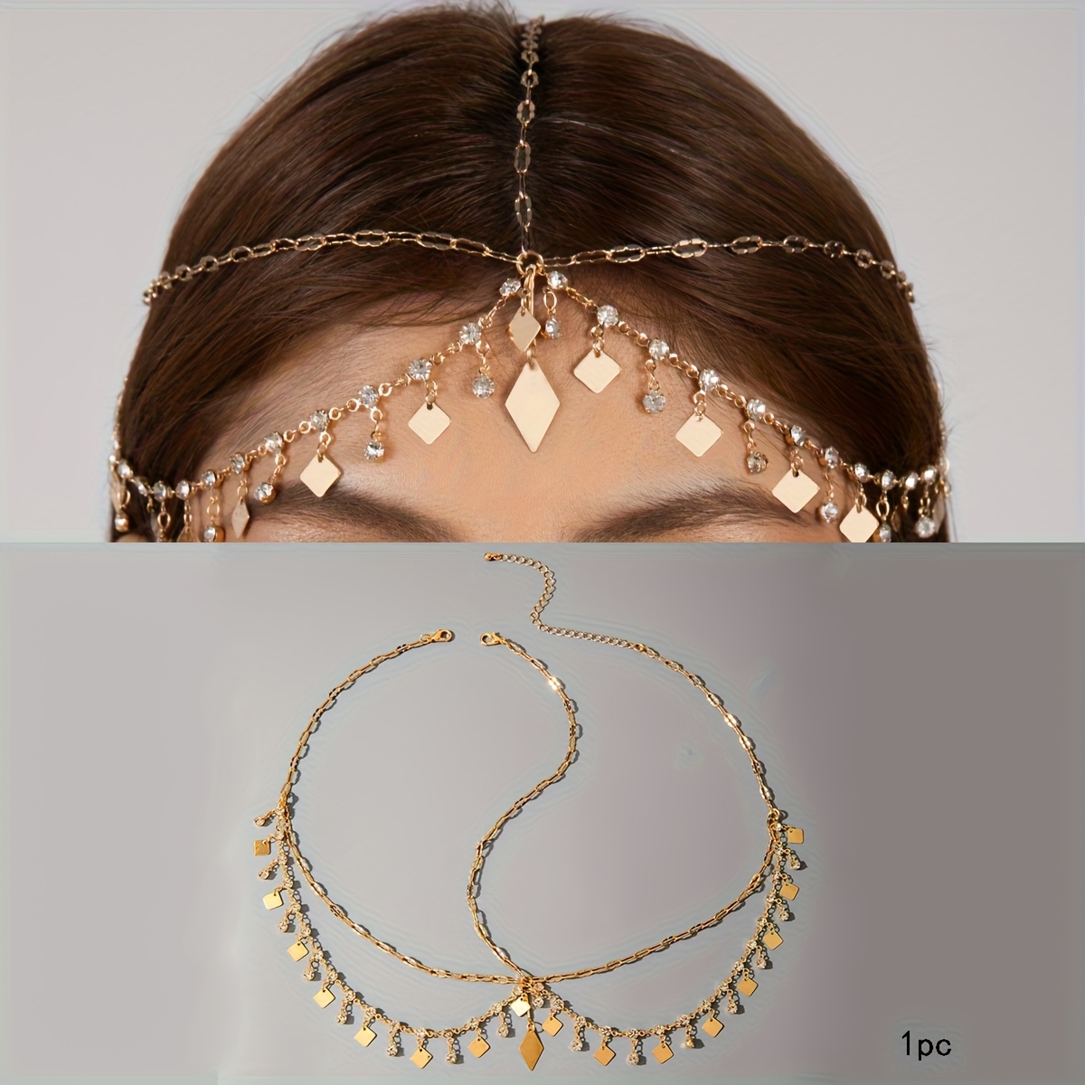 E-shop Luxuriöse Elegante Metall Rhombus Anhänger Kopfketten Stapel mit Strass Quaste Kopfbedeckung Geeignet für Damen Tägliche Passung Ideales