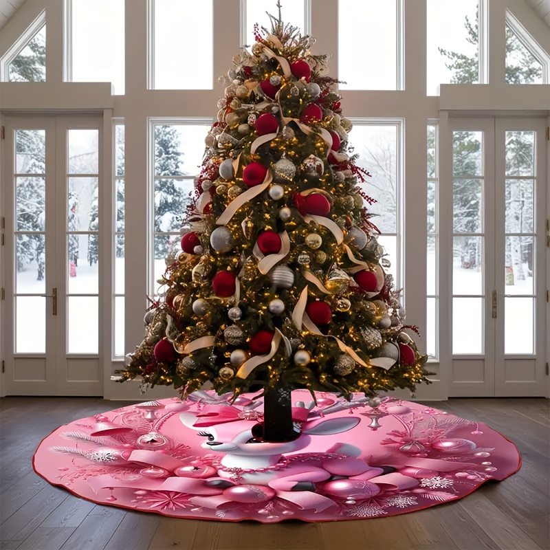 TEMU Jupe de sapin de Noël, impression 2D plate, motif rose, cloche, nœud, de neige. Fermeture à lanière. pour les décorations de Noël, Halloween,