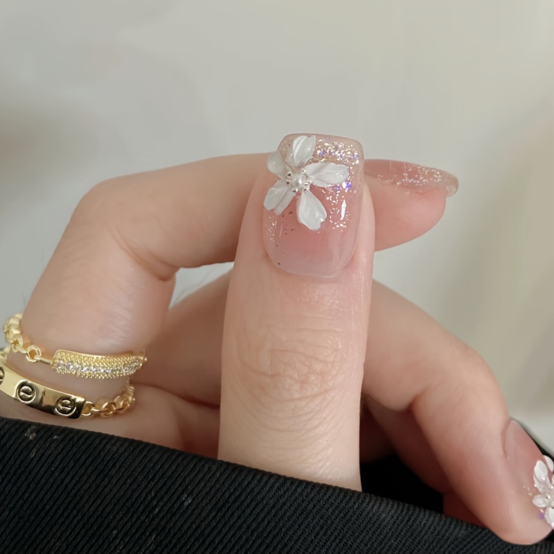 30pcs short square press on nails floral glitter design white pink glossy   nails for hands feet   reusable nail art stickers nail accessories beauty enhancement chic   decorative pressons Product details 0