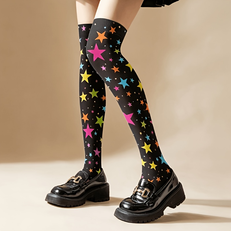 TEMU 1 paire de chaussettes hautes 360° imprimées colorées, base noire avec design contrasté fluorescent, bas d'été fins respirants et extensibles,