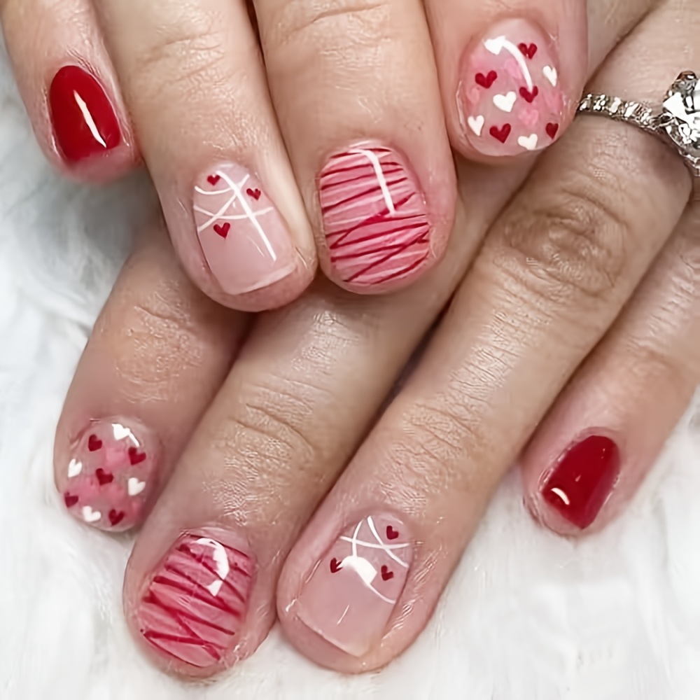 

Valentine's Day Red Heart Nail Art, Short Square Press-on Nails With White Accents, 24pcs Set For Women, Line Pattern, Romantic