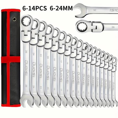 6 14pcs professional adjustable ratchet wrench set with storage bag 6 24mm durable cr v telescopic head socket wrench set suitable for automobile home and bicycle maintenance compact tools