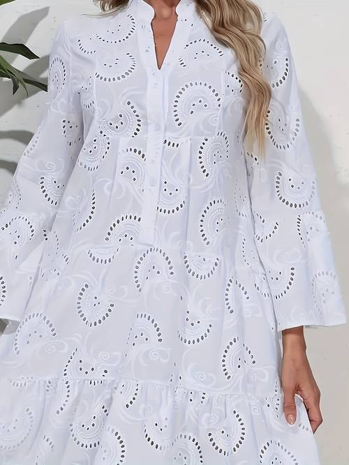 spring summer solid color deep v neck loose embroidery hollow lace dress
