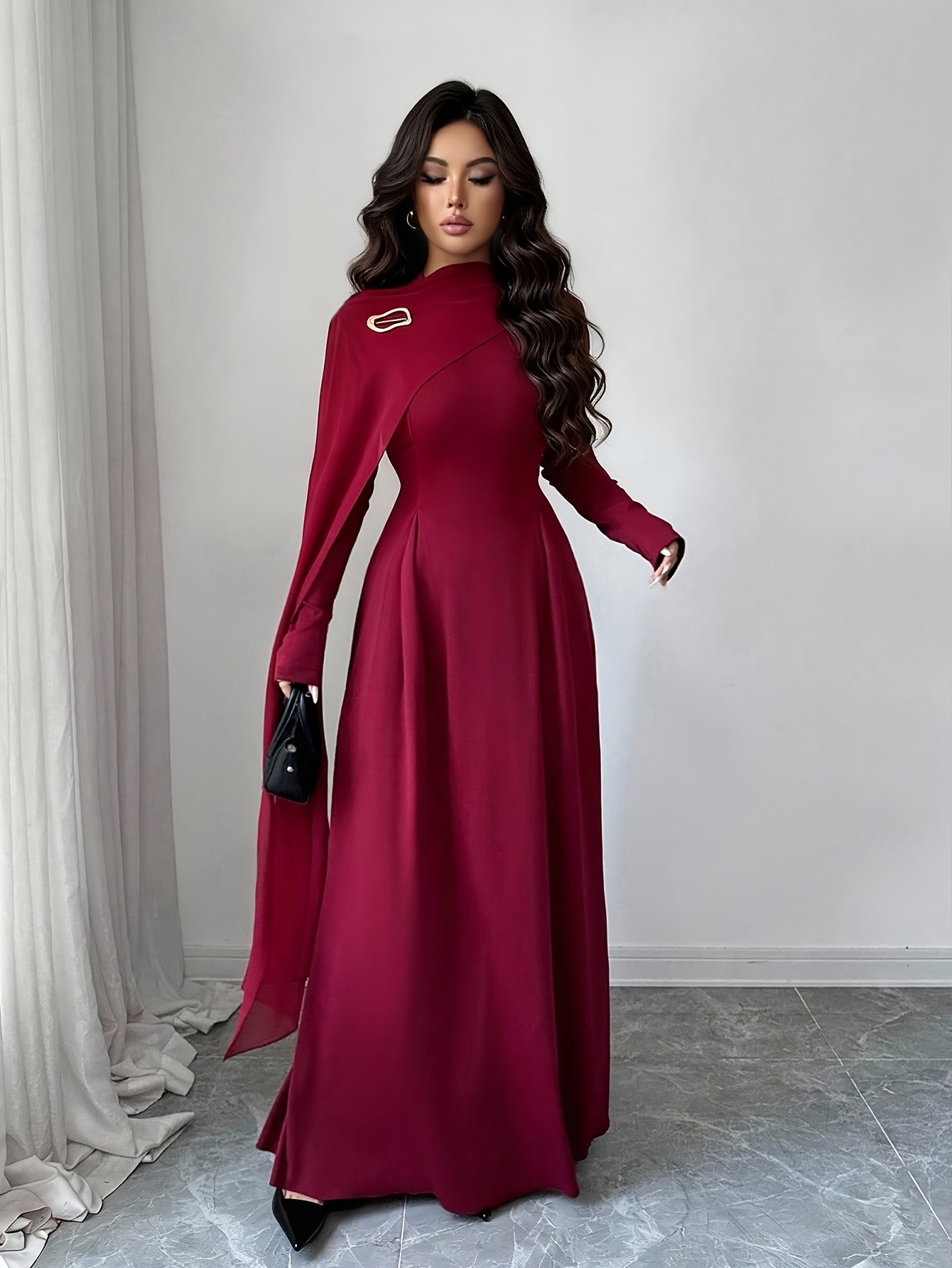 elegant long dress with mesh panel and stand collar solid color asymmetrical design   spring and autumn Product details 2