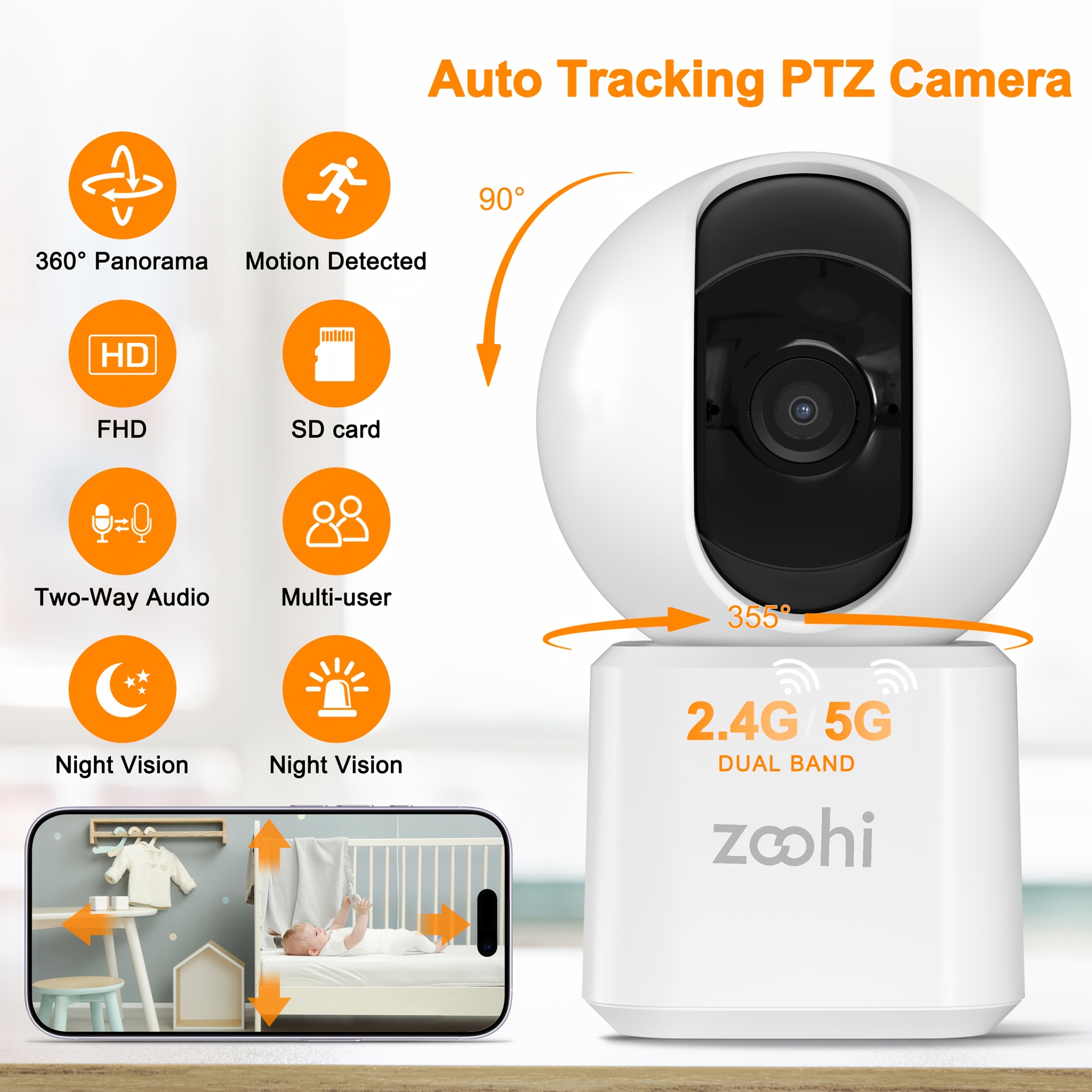 TEMU Caméra de sécurité intérieure avec Wi-Fi double bande - 1296P Full HD, de mouvement et détection , enregistrement 24/7 pour la surveillance des