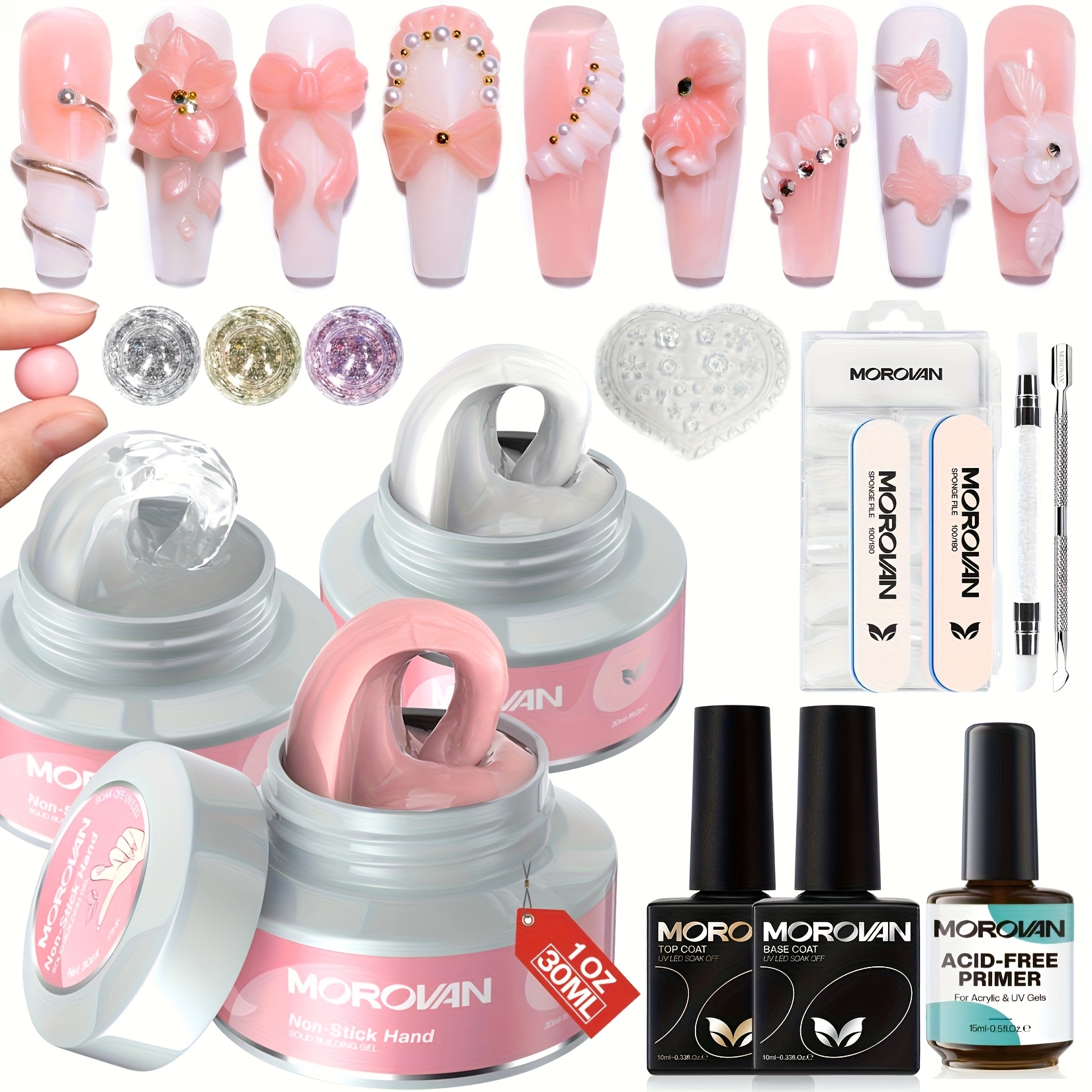 TEMU Morovan Solid Builder Nail Gel Kit -3 Sculpture Gel Non Stick Modeling Gel Nail Extension Kit, With 3d Silicone Mold Pen, Primer And Finish, For Nail Carving Home