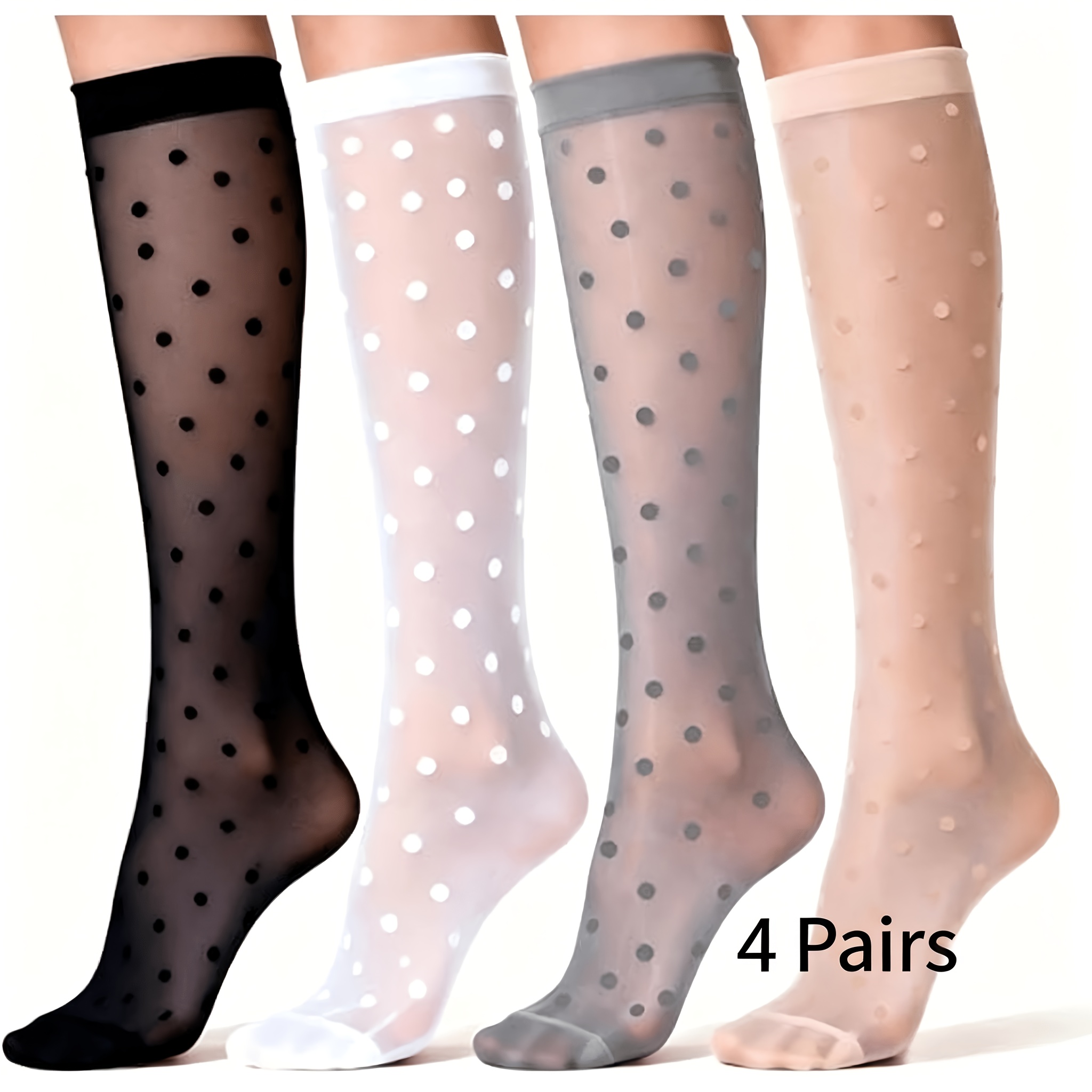 TEMU 4-pair Set: Each In White, Black, Gray, And Apricot Beige. Vintage Polka Dot High-waist Calf Socks, Breathable Mesh Mid-tube Socks, Women's