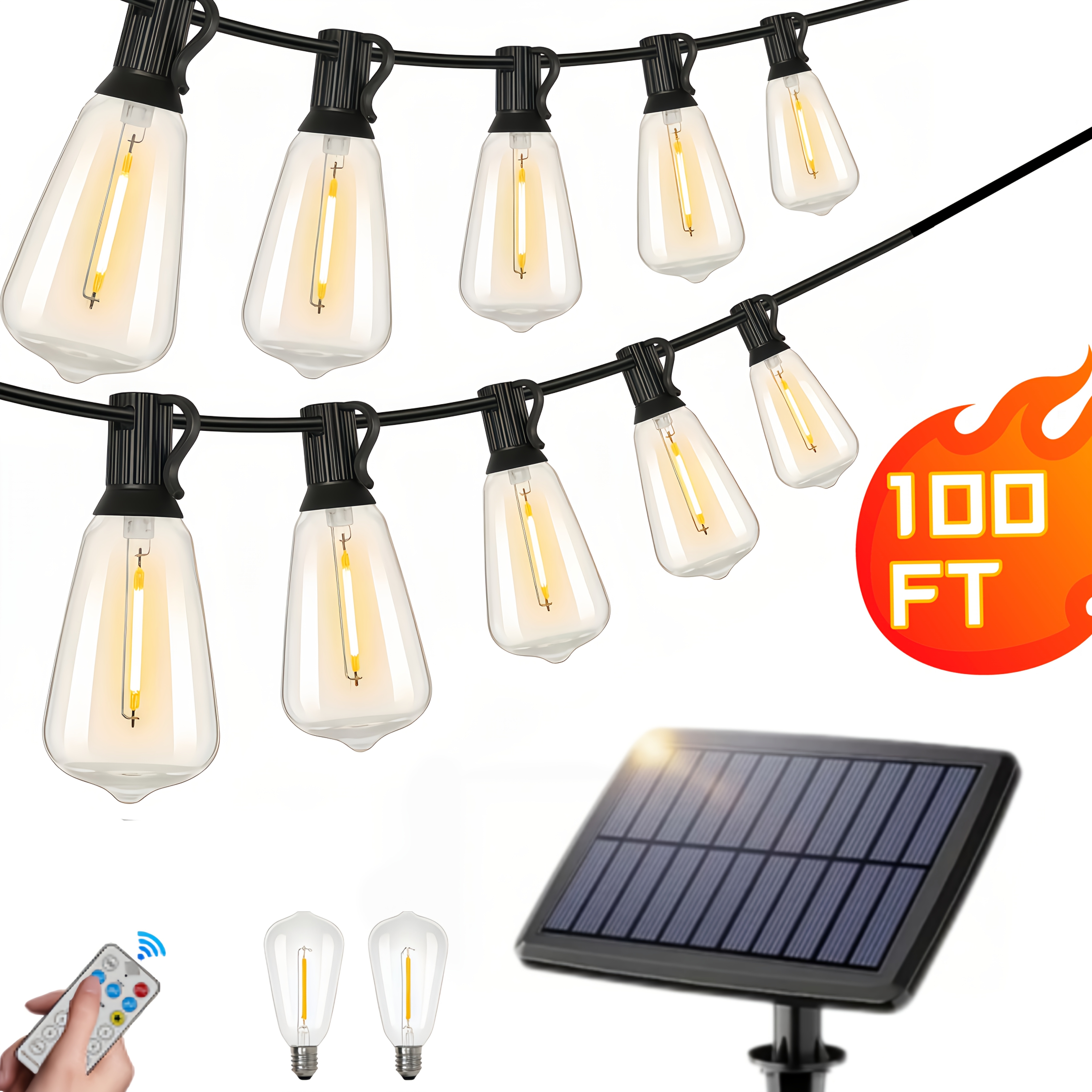 TEMU 50/100-foot Outdoor Solar Led Light String, Ip44, St38 Shatterproof, Edison Bulb, Dimmable Garden Light, Balcony, Terrace, Garden, Party