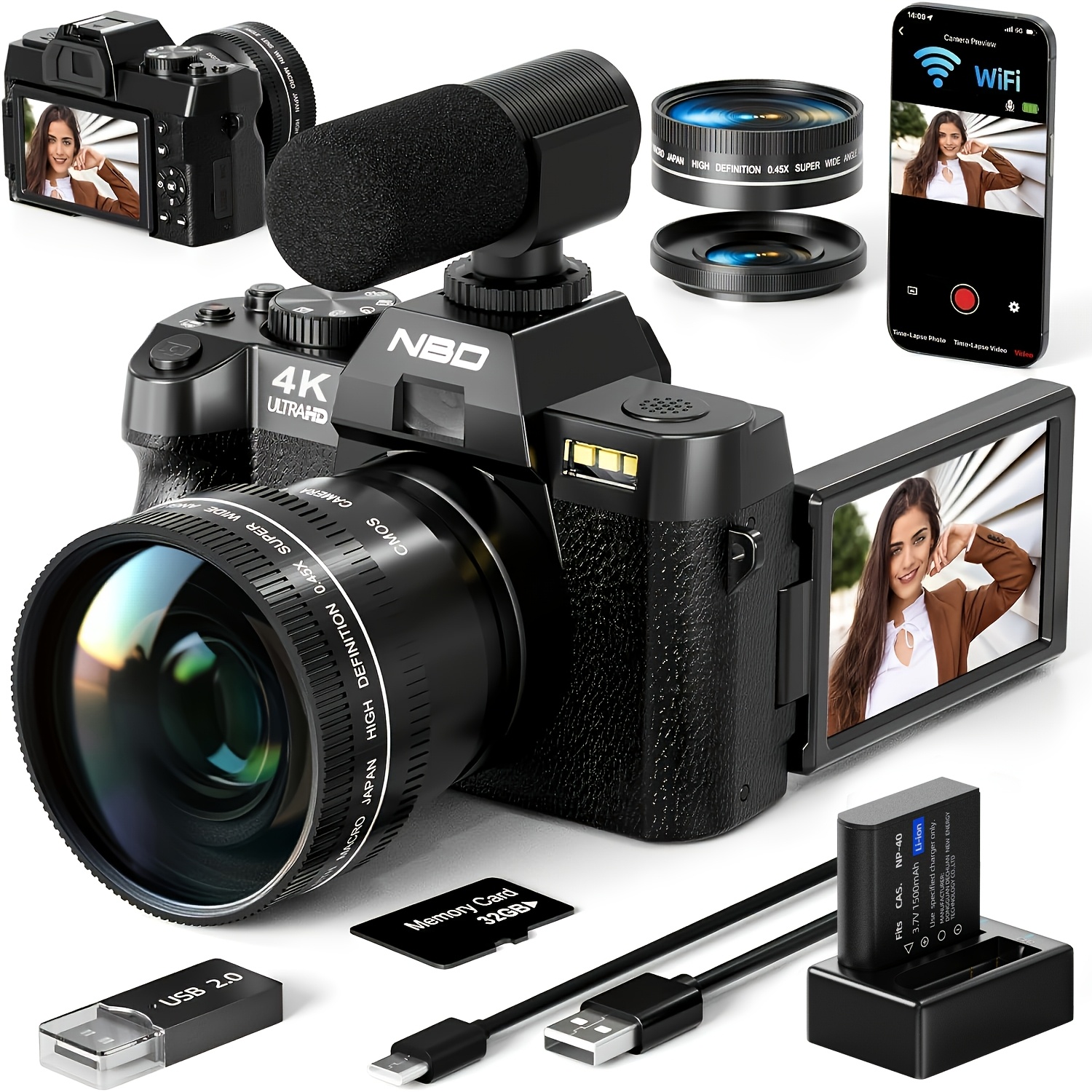 Nbd 48mp Digital Cameras For Photography With Wifi & App Control,4k Vlogging Camera For Youtube With 16x Zoom, Anti-shake, 32gb Tf Card, Dual Batteries, 52mm Wide Angle & Macro Lens