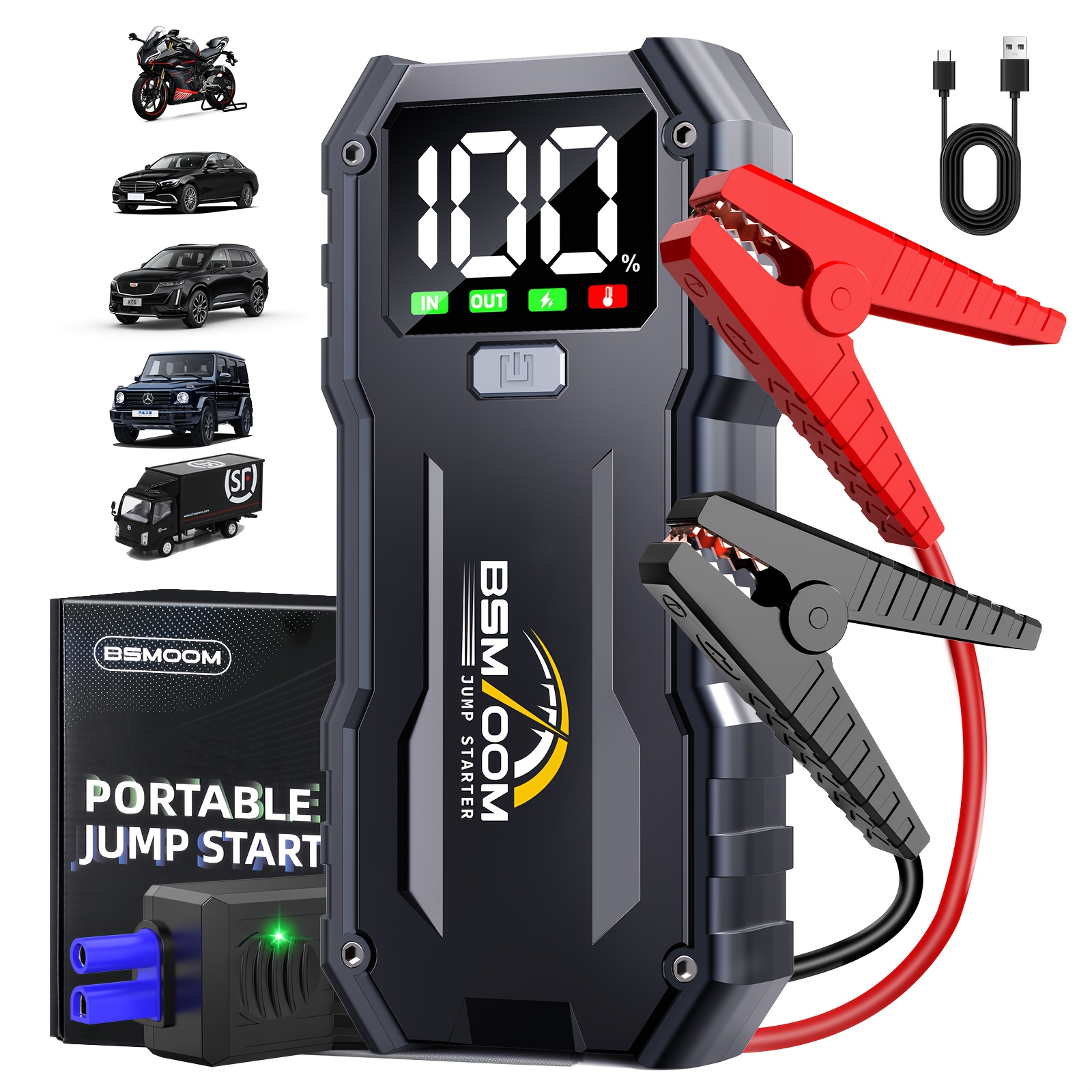 TEMU Bsmoom 7000a Portable Car Jump Starter - Quick & Powerful For All Gasoline/10.0l Engines, 12v With Digital Display, , Usb Cable, 3 Led Lights