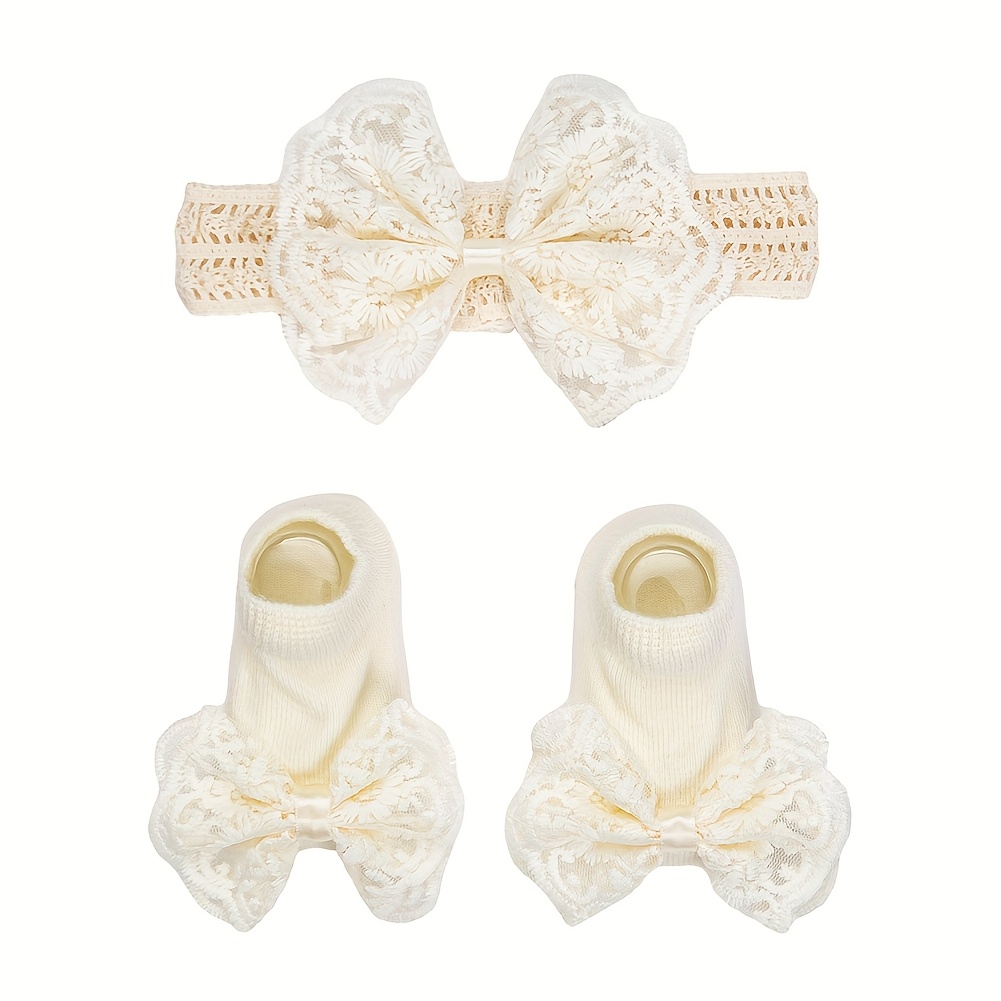 Image of 3pcs/lot Cream Lace Baby Headbands And Socks For Newborn Wide Hair Bands Kids Headwear Ins Elastic Hairbands