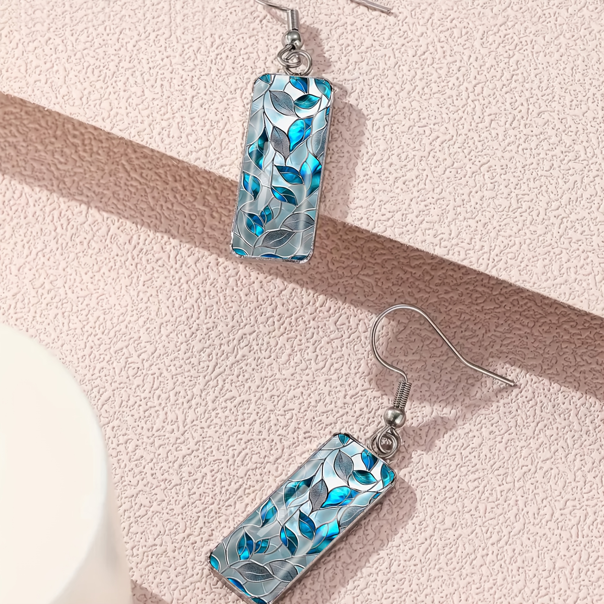 Blue Simulated Stained Glass Leaf Pattern Long Earrings