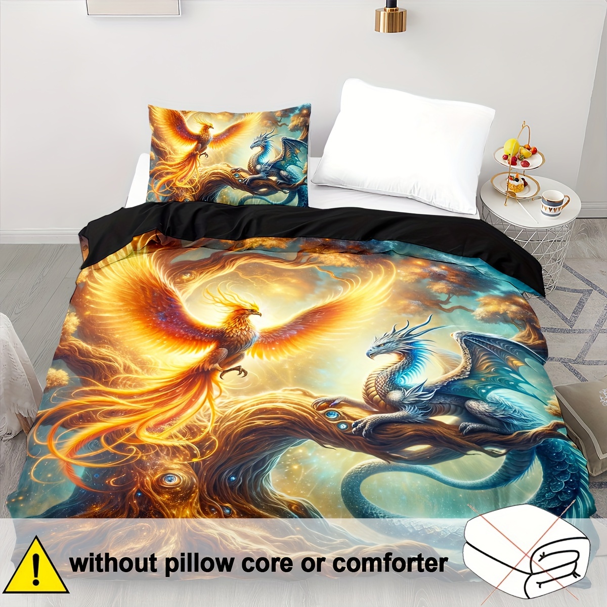 TEMU 2/3pcs Dragon And Phoenix Down Duvet Cover Twin Bed Set, Ancient Wild Animal Dragon Pattern Bedding, 2d Animal Printed Double Bedding, Western