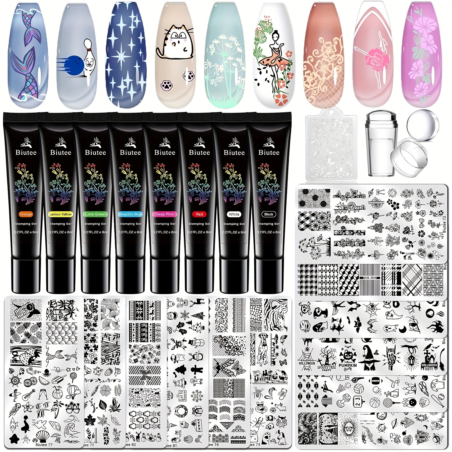 TEMU Nail Kit With 8 Uv Gel Colors, 12 Stencils, Silicone Stamp & Scraper - Easy Diy Manicure Set, Stamping Gel Plate, Nail Set