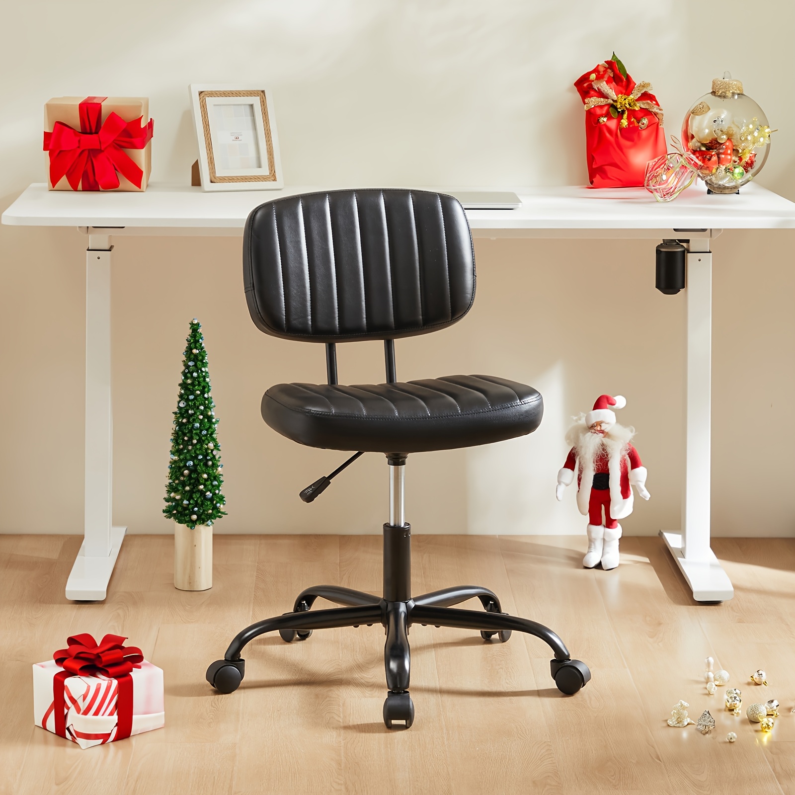 

Ergonomic Leather Task Chair With Lumbar Support, Adjustable Height, , Armless Design, And Wheels - Rolling Laboratory Chair For Comfortable