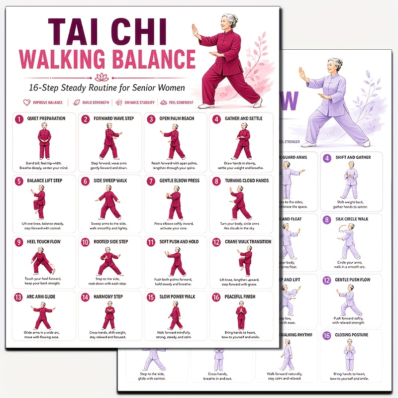 TEMU 2 Pack Tai Chi Walking Flow & Balance Poster - 16-step Exercise Chart Suitable For Seniors & Women, Format 8x10 Inch Gentle Movement Guide For