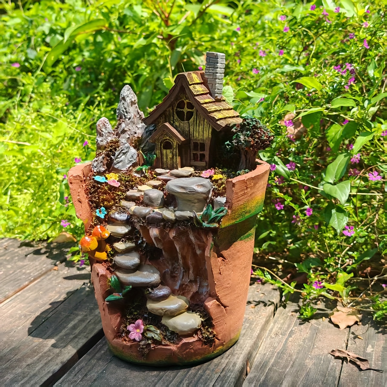 Handbemalte Gartenfee-Hausstatue mit Strohdach & * - * Harzskulptur für Tischdekoration, Terrasse oder Balkon